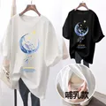 Pregnant Women T Shirt Maternity Summer Short Sleeve Side Button Crew Neck Tees Solid Color Nursing