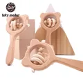 Wooden Rattle Baby Toys 1pc Beech Bear Hand Teething Wooden Ring Baby Rattles Play Gym Montessori