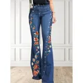 Women Fashion Plain Button Decor Flare Leg Long Denim Pants Floral Embroidery Ladies High Waist