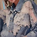 Chic Diamond-studded Denim Jacket Loose Lace Mesh Stitching Sequined Bomber Jeans Coat Hollow Beaded