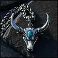 Gothic Green Stone Bull Skull Necklace Pendant Punk Animal Necklace Mens Taurus Zodiac Amulet