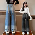 Girls Jeans Autumn 2024 Loose School Teens Straight Denim Pants for Kids Casual Elastic Waist