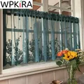 Dark Green Lace Embroidered Voile Short Curtain for Kitchen Cupboard Door Korean Coffee Half Curtain