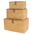 Shelf Baskets with Lid Set of 3 Handwoven Seagrass Storage Box Wicker Basket Desktop Makeup