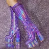 Berzimer Frauen kniehohe Plattform holo graphische Seite Reiß verschluss dicke High Heels hohe Stiefel glänzende Dame Schuhe Frau große Größe 41 45 47