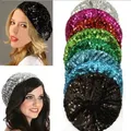 HEZIOWYUN Women's Lady Stretch Crochet Shining Sequined Beret Hat Party Beanie Cap Club Dance