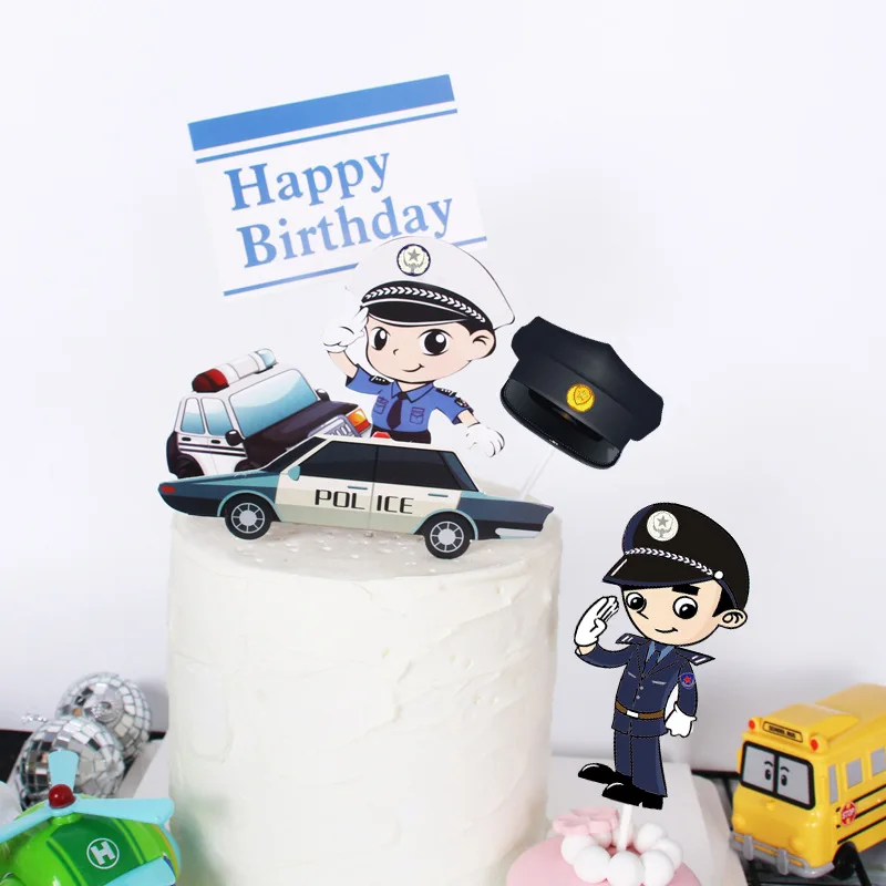 Jungen Glücklich Geburtstag Kuchen Topper Polizei Auto Anniversaire Decorationg Flagge Party DIY Backen Liefert Cupcake Topper Baby Dusche Image