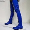 Ahhlsion Neue Frauen Winter Oberschenkel Stiefel Patent Leder Zipper Flache Mit Heels Runde Kappe Blau Casual Schuhe Damen UNS Größe 5-20