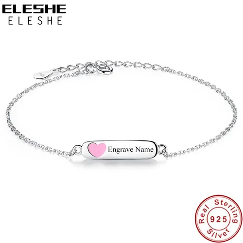 ELESHE Personalisierte Gravieren Name Schmuck 925 Sterling Silber Kette Armband mit Rosa Emaille