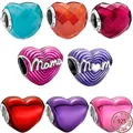 NEW Metallic Pink Purple Red & Radiating Love Mom Heart Charm 925 Sterling Silver Bead Fit Original