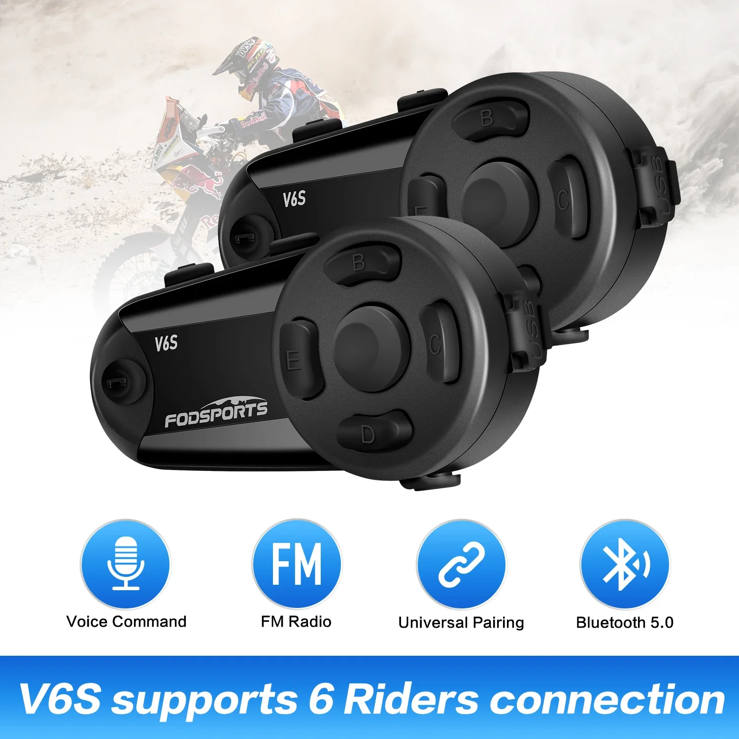 Fodsports V6S Motorradhelm-Intercom-Headset, 6 Fahrer, 1000 m wasserdicht, BT-Interphone, Motorrad-Bluetooth-Headset, Gegensprechanlagen Image