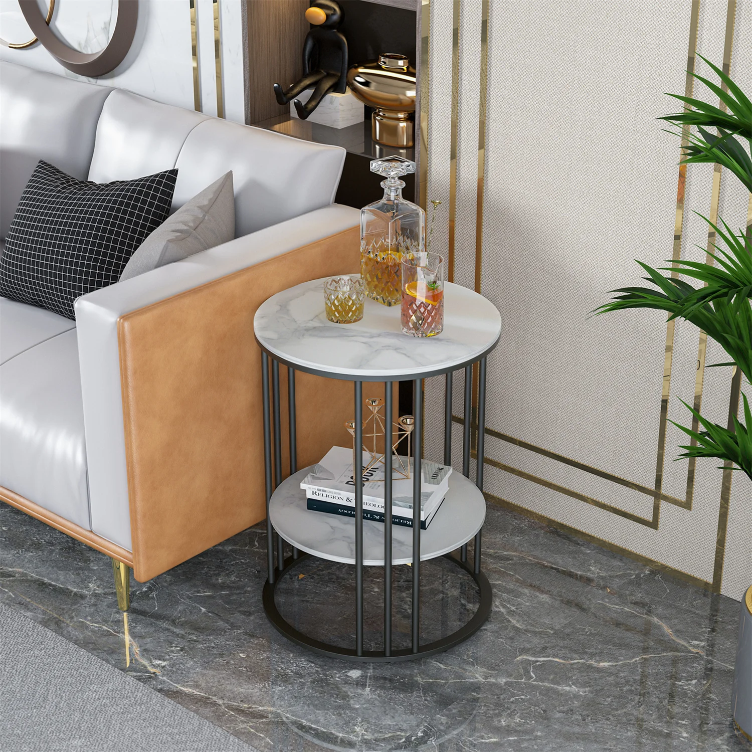 2-stufiger Beistell tisch aus Sinter stein, runder weißer Sofa-Beistell tisch, kleiner Couch tisch mit schwarzem Rahmen-moderner Nachttisch am Bett