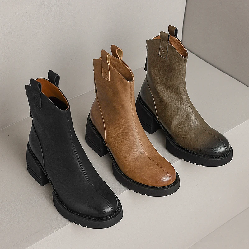 2024 Winter Echtes Leder Frauen Stiefel Runde Kappe Chunk Ferse Plattform Schuhe Solide Chelsea Stiefel Casual Frauen Schuhe Grüne Stiefel