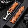 REMZEIM Genuine Leather Bracelet Black Brown Watch Strap Butterfly Clasp Watchband Sized In 18mm
