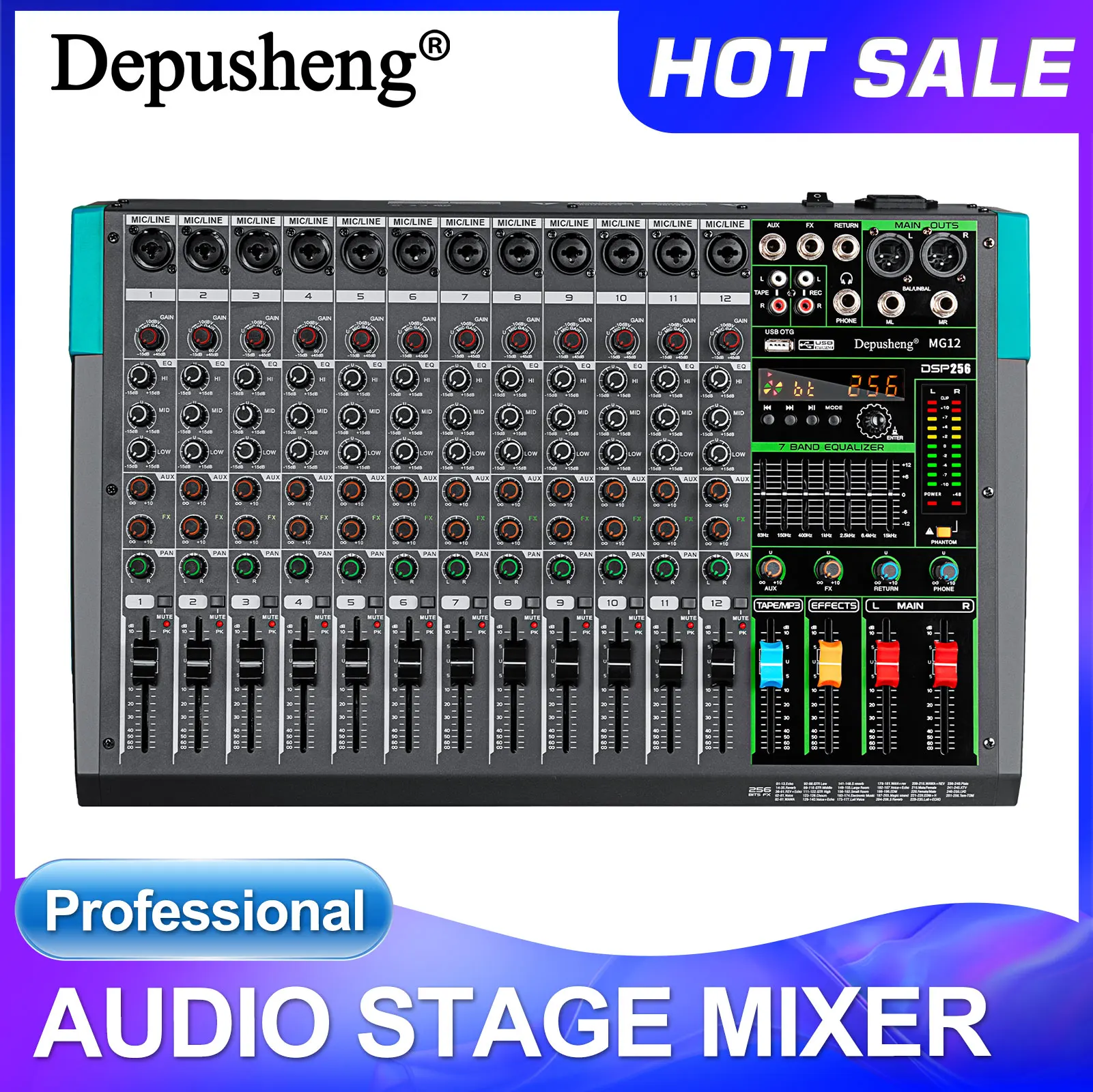 Professioneller Audiomixer Depusheng MG12 12-Kanal-Soundplatinenkonsole DJ Mixing Desk System Interface Eingebauter 256 Reverb-Effekt Image