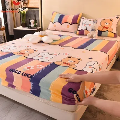 Winter Warm Thicken Flannel Elastic Fitted Sheet Mattress Protector Cover Cartoon Print Plush Soft Cozy Bed Sheet Home Decor