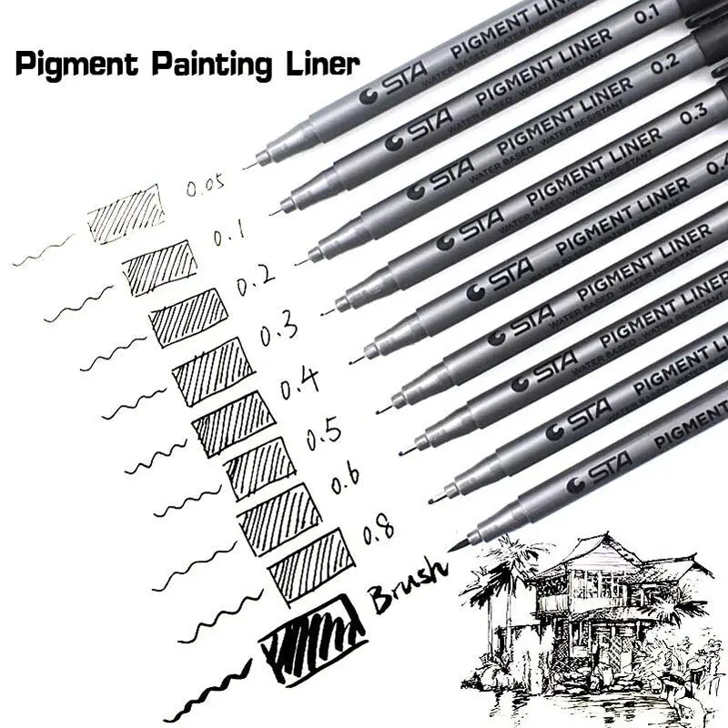 Pigment Liner Pigma Micron Ink Marker Pen 0,05 0,1 0,2 0,3 0,4 0,5 0,6 0,8 mm Pinsel Verschiedene Spitze Schwarze Fineliner Skizzenstifte Image