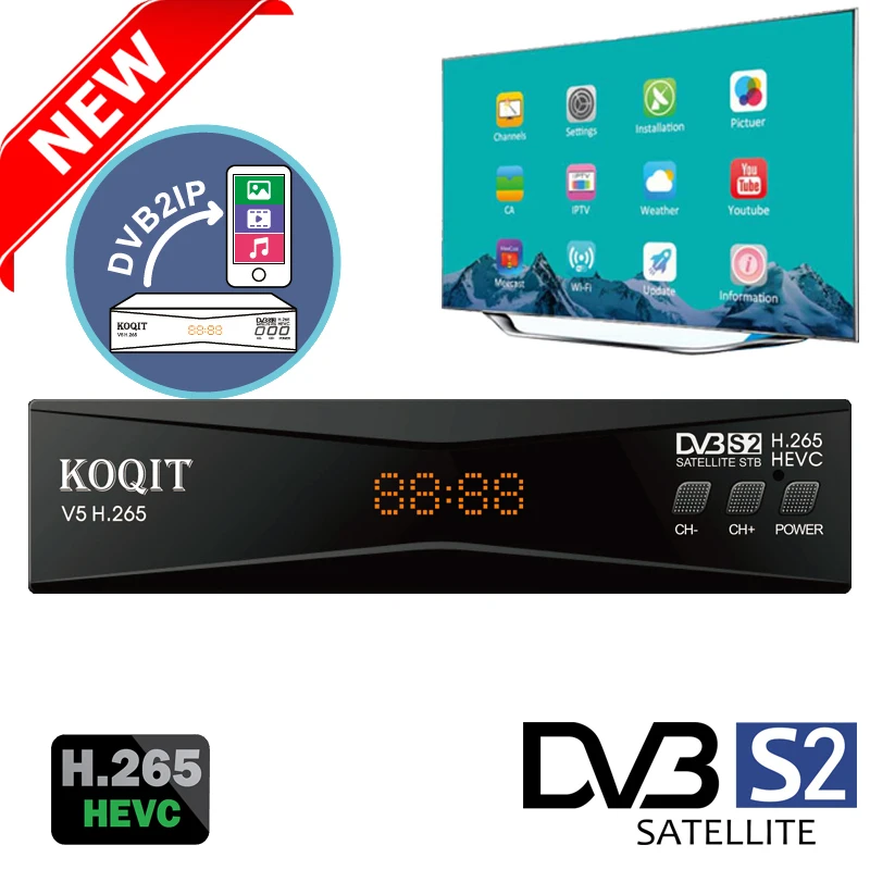 Koqit V5H DVB2IP H.265 Satellitenempfänger DVB-S2 HEVC Rezeptor Internet Decoder Spiegelscheibe MeeCast TV-Receiver Biss VU