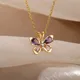 Purple Crystal Butterfly Pendant Necklace For Women Stainless Steel Cubic Zirconia Gold Color