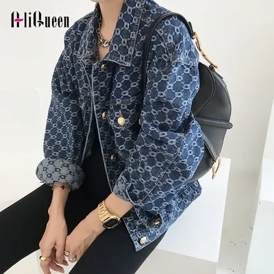 Women Vintage Loose Long Sleeve Print Cotton Jean Jackets Spring Fall Female Casual Blue Denim