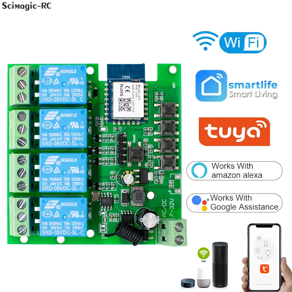 4CH Tuya Relais Smart Wireless Wifi Schalter Modul 7-32V 85-250V 220V 110V 2200W RF433 10A Empfänger Für Alexa Image