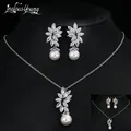 Luxus Silber Farbe AAA + Zirkonia Frauen Große Perle Halskette Anhänger und Ohrringe Schmuck Sets