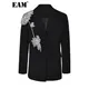 [EAM] Women Black Rhinestone Flower Big Size Blazer New Lapel Long Sleeve Loose Fit Jacket Fashion