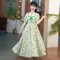 2024 Mädchen Sommer elegante neue Kinder lässig Prinzessin Teenager Blumen Perle grün Kleid 5 6 7 8