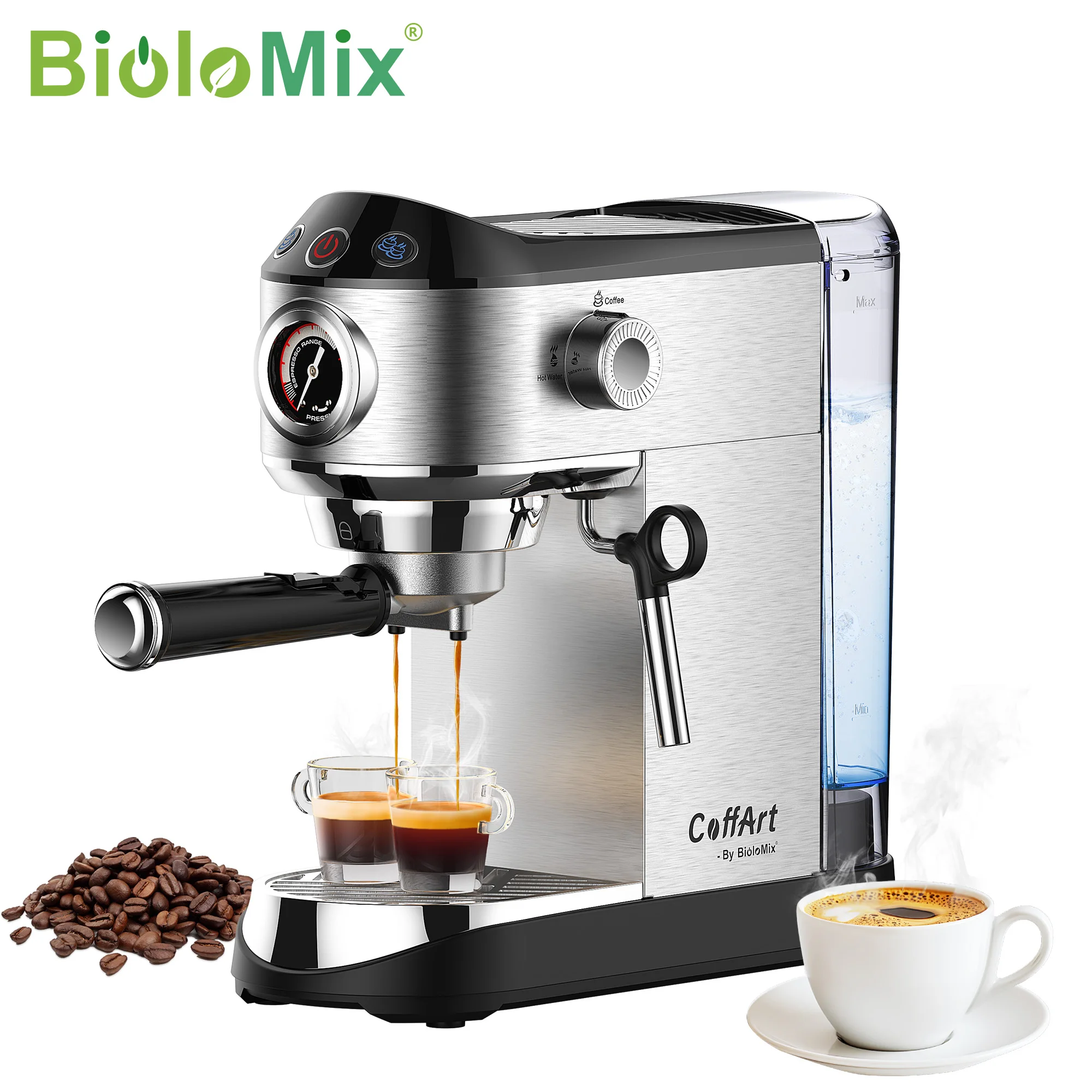 BioloMix Edelstahl 20-Bar halbautomatische Pulverkaffeemaschine, mit Milchdampfaufschäumer, für Espresso, Cappuccino Image