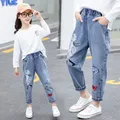 2022 Fashion Cartoon Jeans for Girls Teenage Children Jeans Elastic Waist Denim Pants Kids Trousers