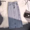 Denim Röcke Frauen Hohe Taille Vintage Distressed Schlank Lange Hip-rock A-linie Elegante Mode Seite Schlitz Taschen Harajuku Moderne OL