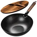 Carbon Steel Wok Pan 32cm Stir-Fry Pans with Wooden Lid Uncoated Flat Bottom Chinese Pan for