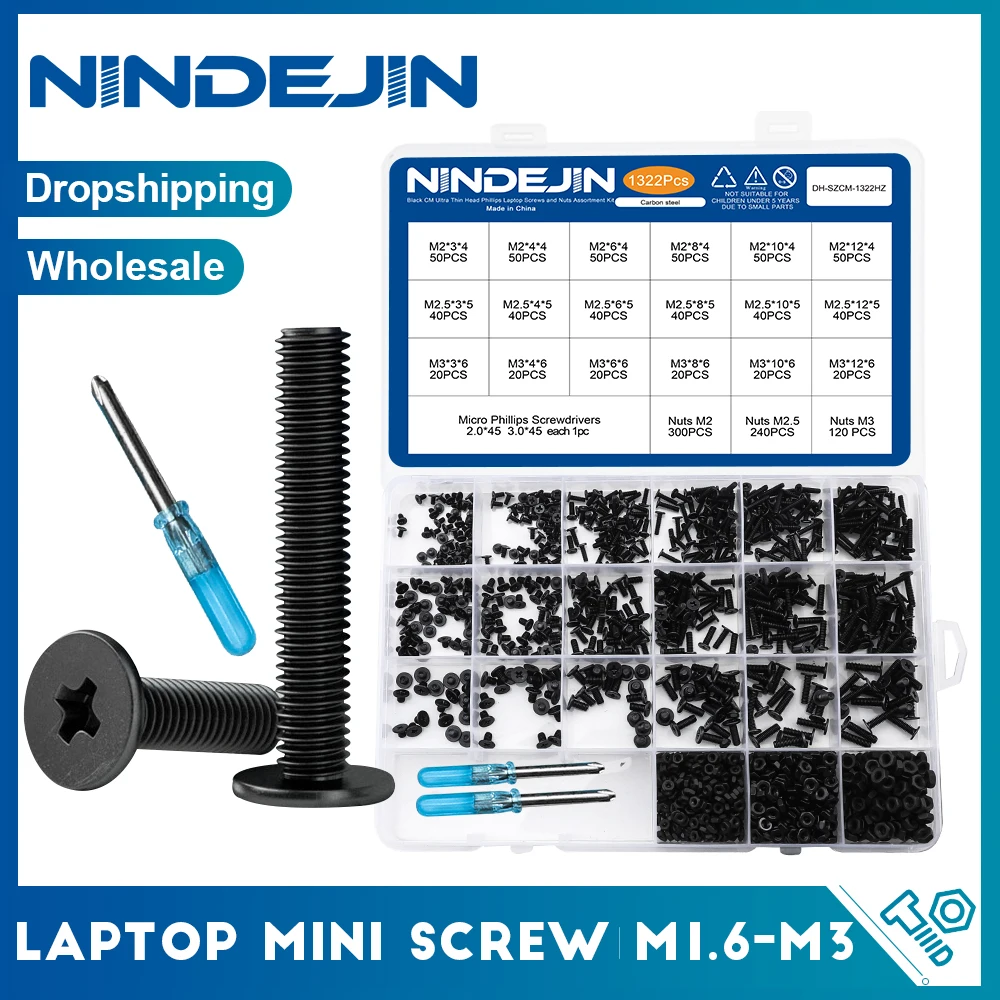 NINDEJIN Laptop-Computer-Schraubensatz mit Mutter M1,6 M2 M2,5 M3 Ultradünner Kopf Notebook-Laptop-Schraubensatz für Samsung HP Dell Lenovo