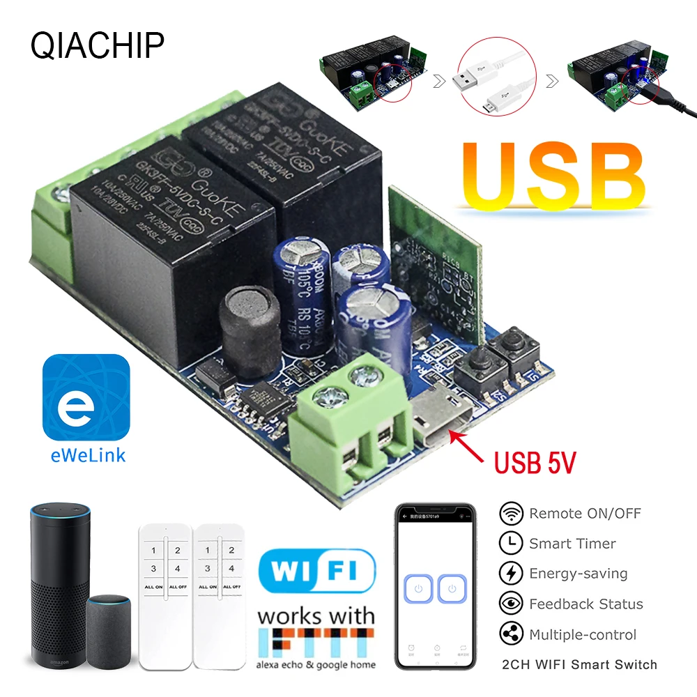 QIACHIP WLAN Smart-Schalter 10A DC 7-48V USB 5V 2-Kanal 2,4G RC mit eWelink App Geeignet für Vorhangmotoren Garagentore LED-Leuchten Image