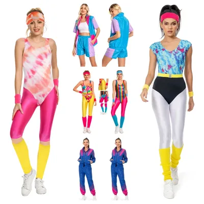 6 teile/satz Frauen Retro 80er 90er Jahre Legging Cosplay Kostüm Frauen Sportswear Overall Stirnband Outfits Halloween Karneval Party Kleidung Image