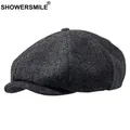 SHOWERSMILE Brand Wool Newsboy Caps Men Grey Herringbone Flat Caps Women Coffee British Gatsby Cap