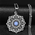 Blume des Lebens Edelstahl Mondstein Aussage Halskette Frauen schwarz Silber Farbe Charm Halskette