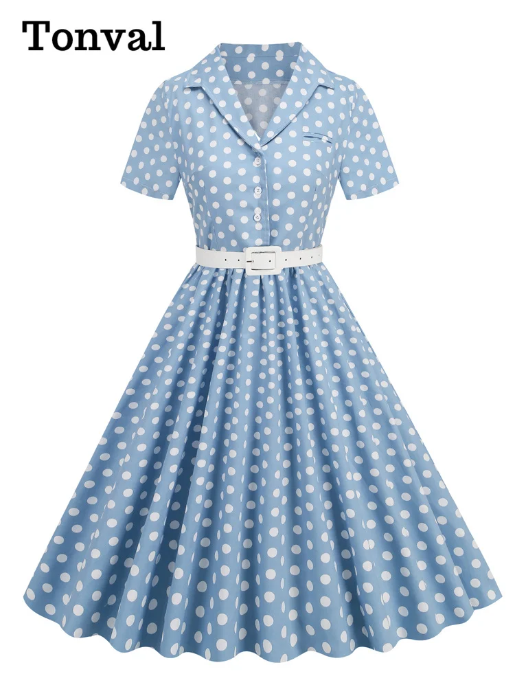 Tonval Polka Dot 50er Jahre Pinup Robe Button Up Plissee Vintage Style Kleid Damen Elegant Gürtel Damen Rockabilly Lange Kleider