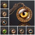 Animal Eyes Dragon Snake Owl Cat Tiger Eyes Glass Cabochon Necklace Handmade Wood Pendant Rope Chain