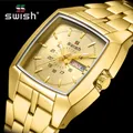 SWISH Square Luxury Watch for Men Quartz Movement Gold Dial Weekday Date Relogio Masculino Business