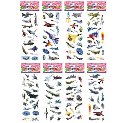 8 Blatt/Packung Flugzeug-Kampfflugzeug-Raketen-Muster-Aufkleber für Kinder, Jungen, Militärfans, Image