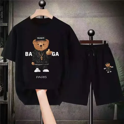 2023 New Summer Tshirt Set Men Funny Bear Print Cotton Tracksuit Outfits Man Sportswear Hip Hop