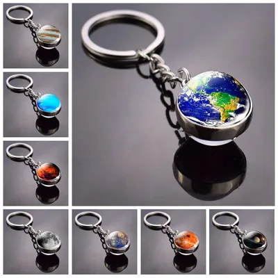 Solar System Keychain Mond Jupiter Erde Saturn Mars Quecksilber Venus Neptune Doppel Seite Glas Ball