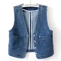 Fashion V-Neck Denim Vests Women Spring Summer Short Sleeveless Jacket Casual Single-Breasted