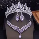 Fashion Purple Colors Bridal Jewelry Sets With Tiaras Princess Wedding Crown Necklace Earrings Set