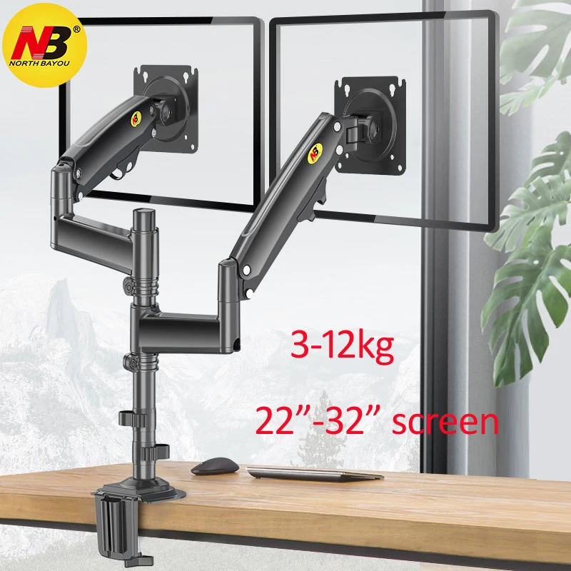 NB NEU H180 22"-32" Gasfeder Doppelmonitor Schreibtischhalter Arm Full Motion LCD TV-Halterung 2-12kg ergonomische lange Armklemmentülle Image
