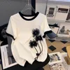 Perlen Blume Dünne Kurzarm Pullover Frauen Gestrickte T-Shirt Koreanische O-ansatz Elegante Schwarz Weiß Pullover Jumper Top M-4XL