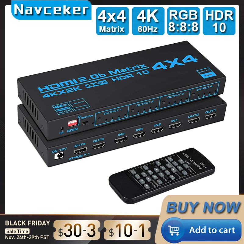 4x4 HDMI-kompatibel Matrix Switch Splitter mit SPDIF & L/R 3,5mm HDR HDMI-kompatibel Schalter 4x2 Unterstützung HDCP 2,2 ARC 3D 4K @ 60Hz Image