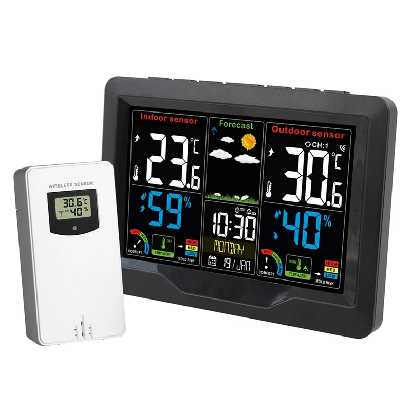 Drahtlose digitale Farbdisplay-Wetterstation, Uhr, Barometer, Thermometer, Hygrometer, Trendvorhersage, Außensensor, 7-Sprachen Image