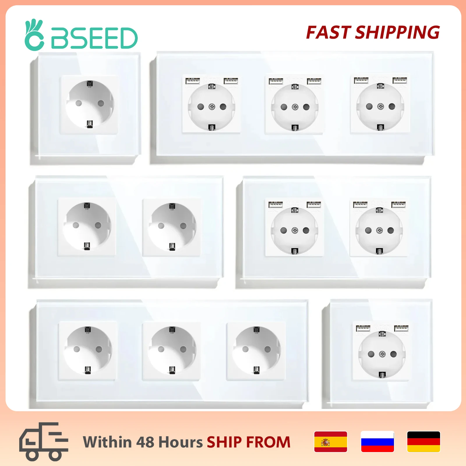 BSEED 1/2/3/4Fach EU Wand Einzelsteckdose Glasscheibe Doppelte Steckdose Weiße Farbe Power Triple Frame Steckdosen Vier Rahmen Image